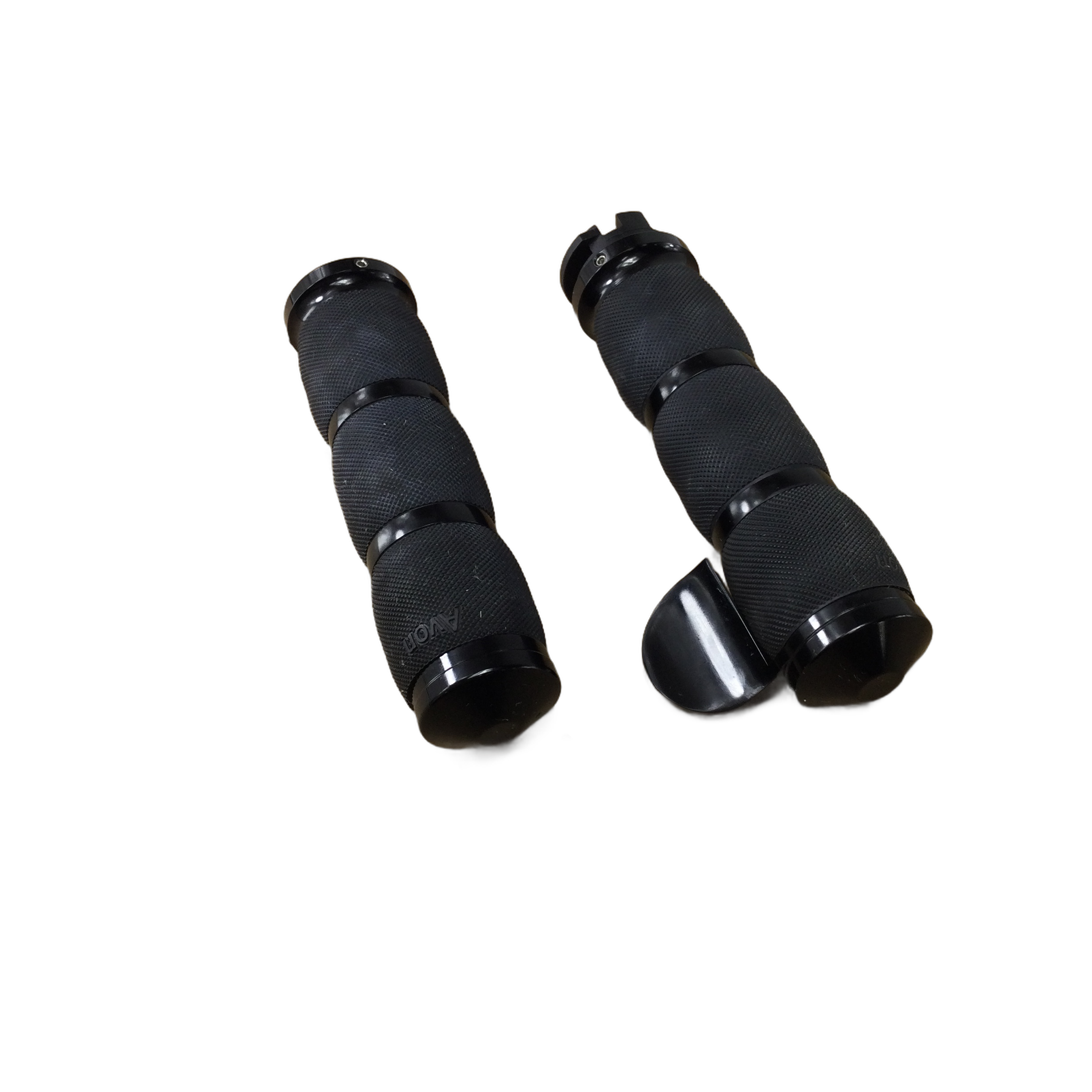 A pair of Indian Scout Air Cushioned Anodized grips by Avon Grips, featuring a throttle boss, are displayed on a white background.