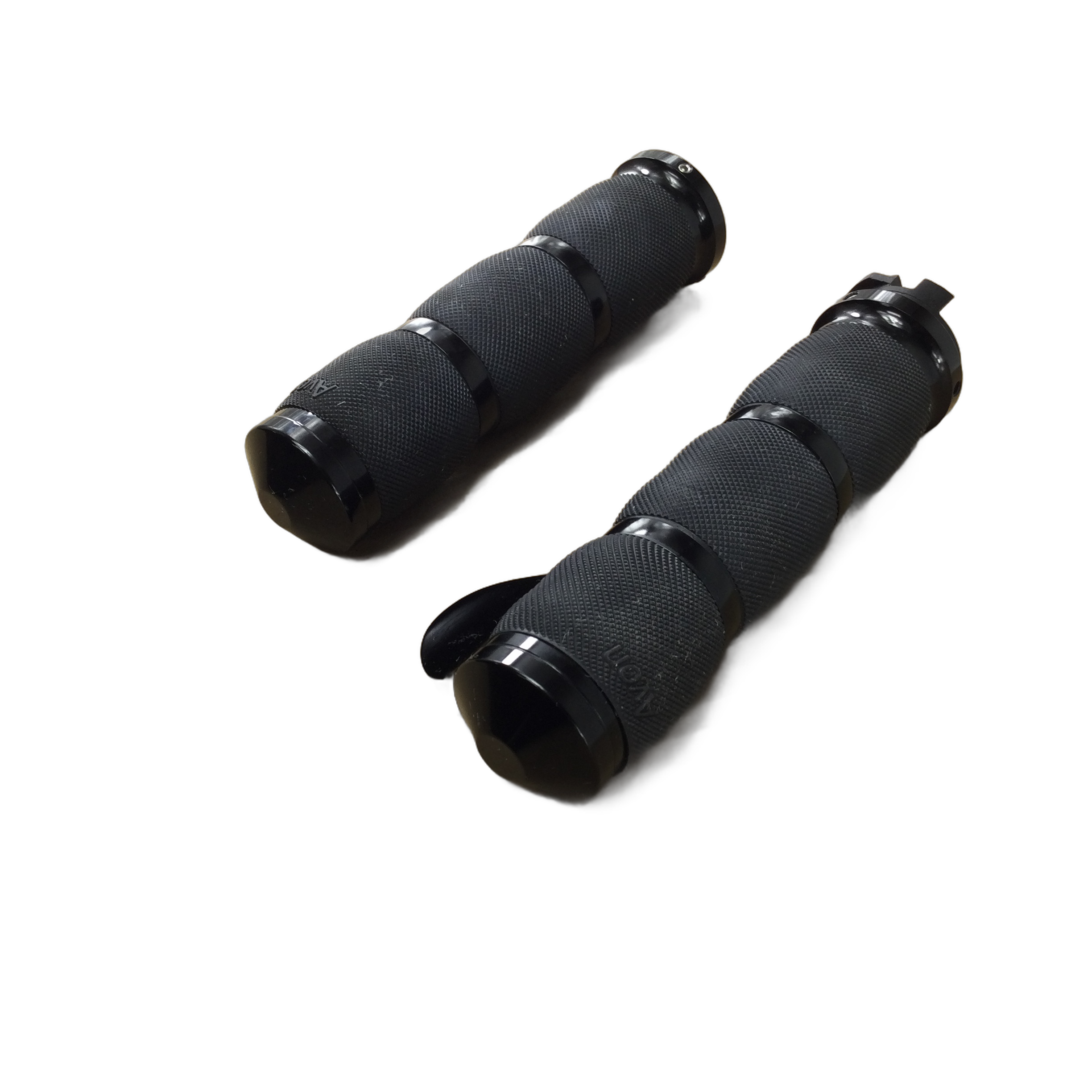 Two black textured Indian Scout Air Cushioned Anodized grips by Avon Grips with shiny end caps are shown on a white background. One grip features a short throttle boss lever, ideal for customizing Indian or Victory motorcycles.