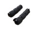 Two black textured Indian Scout Air Cushioned Anodized grips by Avon Grips with shiny end caps are shown on a white background. One grip features a short throttle boss lever, ideal for customizing Indian or Victory motorcycles.