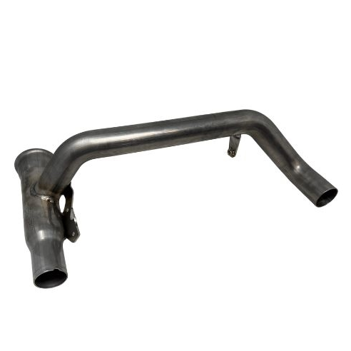Matte gray metal mid pipe with curved tubular design and mounting bracket for Indian Challenger exhaust system.