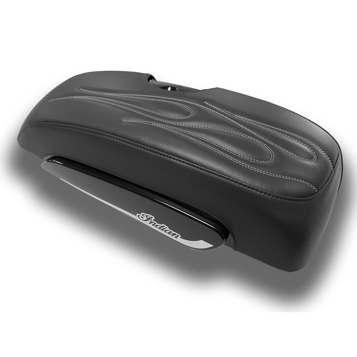 Black leather motorcycle saddlebag lid cover with embossed flame design and smooth lower panel.