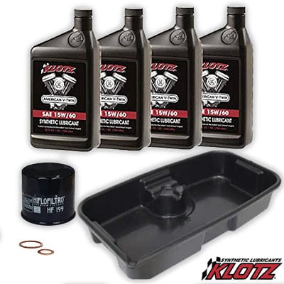 Indian Scout Oil change Kit with Drain Pan, HiFlo Filtro Oil Filter, Copper cometic Crush washers, and Oil