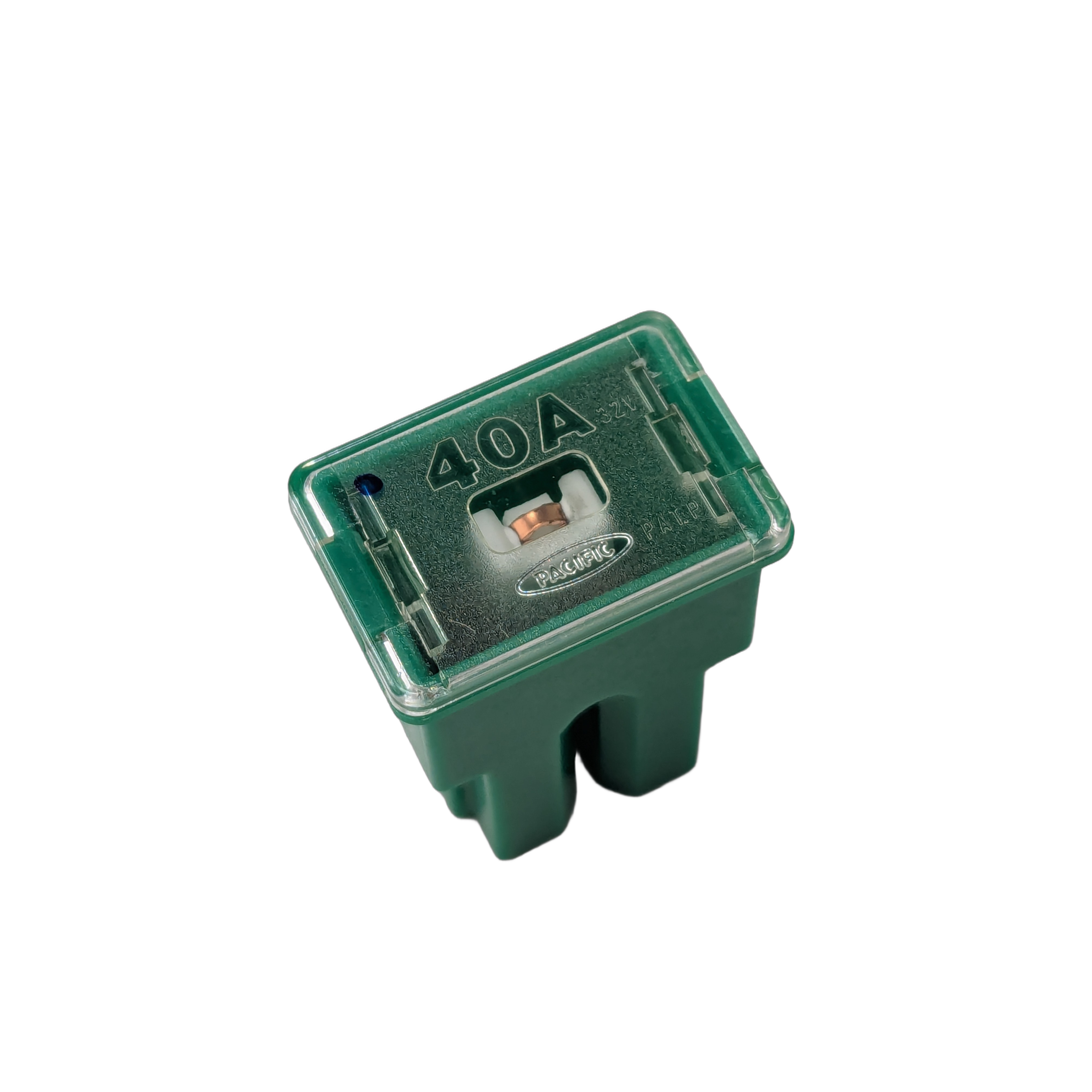 Green rectangular 40 amp automotive fuse with transparent top and metal strip inside.