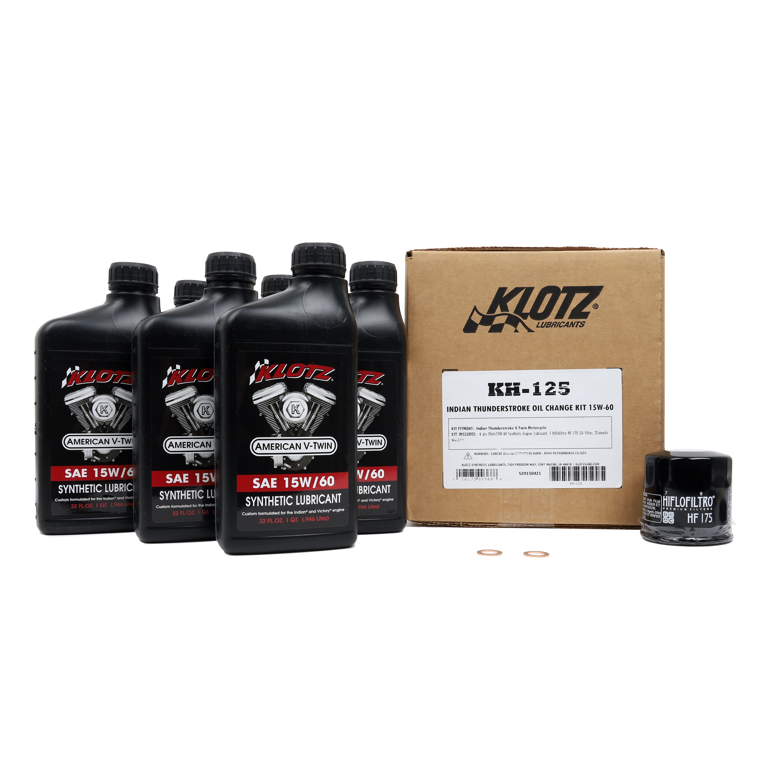 The Indian Motorcycle Thunderstroke Synthetic Oil Change Kit (15W-60) by Klotz, including oil bottles, a filter kit, black container, and two copper washers, is neatly arranged on a white background—perfect for your next Indian motorcycle oil change.