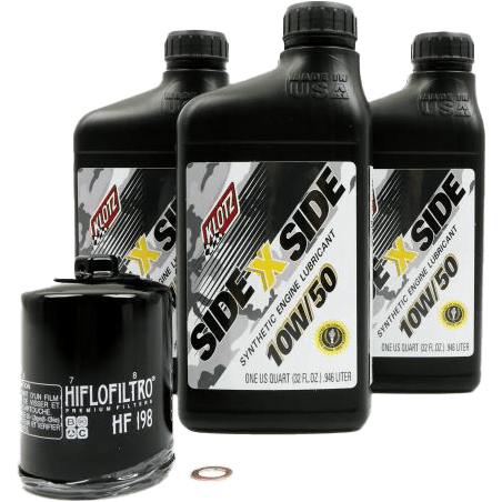 KU-101 Engine Oil Change kit with 3 Quarts 10w50 SXS Synthetic Engine Oil, 1 HiFloFiltro HF-198 Premium Oil Filter, and 1 Copper Cometic Crush Washer