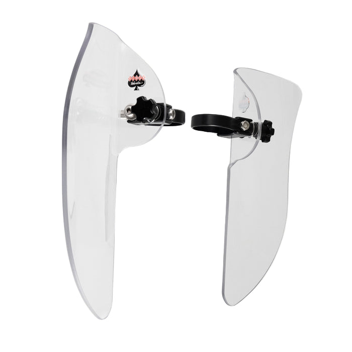 Clear curved wing-shaped wind deflectors with black mounting brackets for Indian Scout motorcycle.