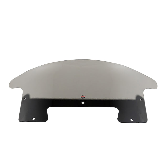 The Flare® Windshield (Smoke) by Klock Werks for Indian® 2025+ Chieftain & Roadmaster PowerPlus features a curved design with four mounting holes, displayed against a plain white background.