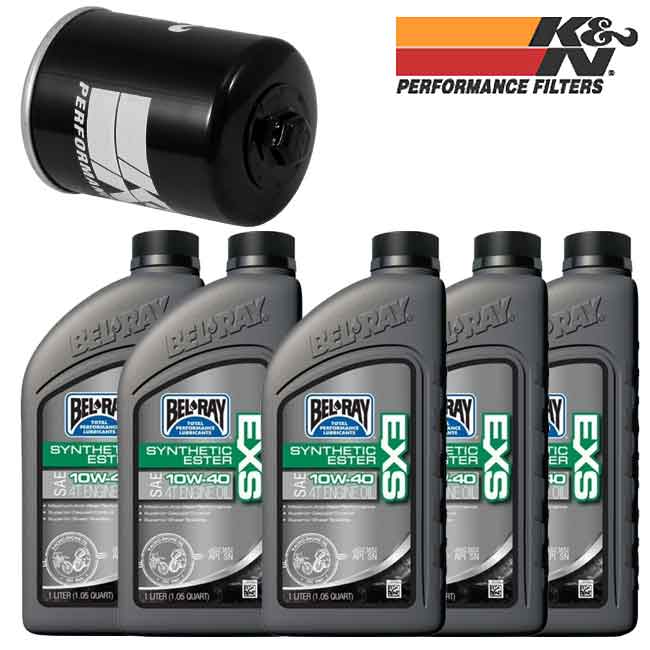 Five gray bottles of Bel-Ray EXS synthetic 10W-40 engine oil with green and white labels alongside a black K&N oil filter.