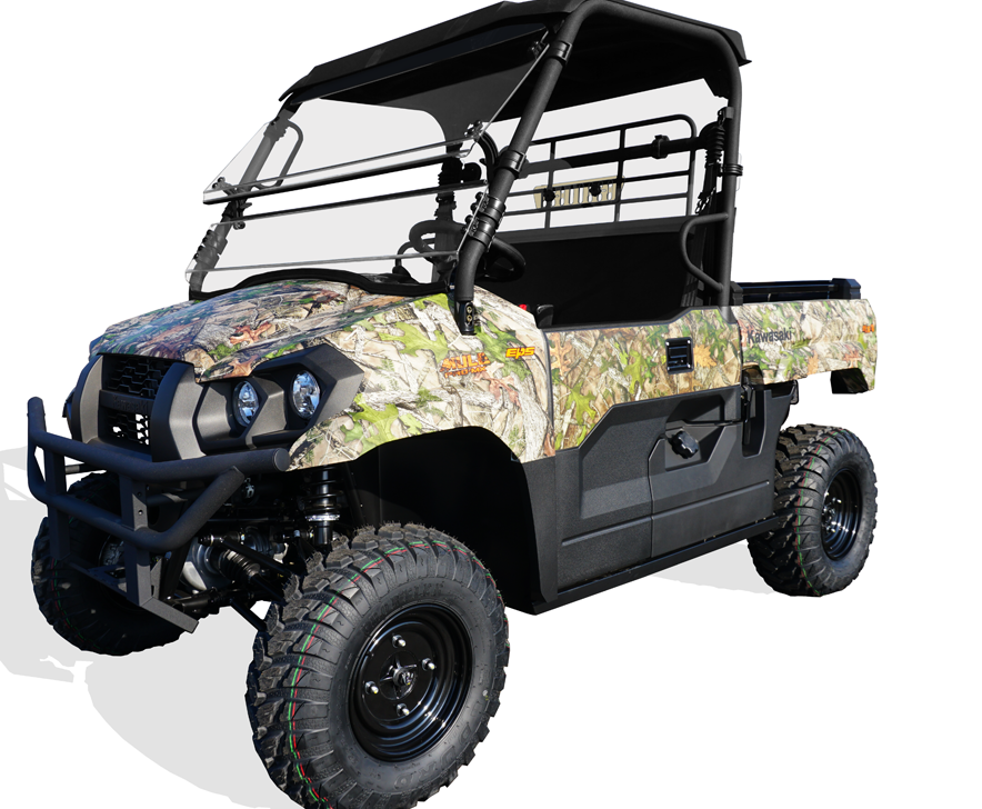 Kawasaki Mule Pro-Mx Tilting Full Windshield by Spike - MULEMXWS1000 - Exterior Front Driver Side Fully Tilted Full Vehicle View