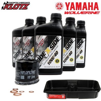 Klotz KU-106-DP Oil Change Kit w/ Drain Pan, with 5 Quarts 10w40 SxS Synthetic Motor Oil, 1 HiFlo Filtro HF-204 Premium Oil Filter. 5 Copper Cometic Crush Washers, 1 11 Qt. Capacity Drain Pan