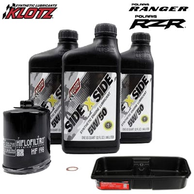 Oil Change Kit KU-100-DP for Polaris Ranger and RZR with SxS 5w50 Synthetic Oilby Klotz, with HiFlo Filtro HF-198 Engine Oil Filter, 1 Copper cometic Crush Washer, and Drain Pan