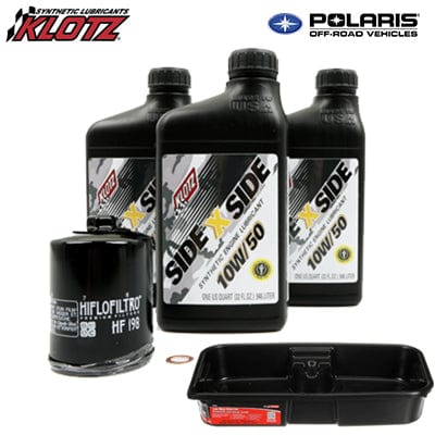 Oil Change Kit KU-101-DP with SxS 10w50 Synthetic Oil by Klotz, HiFloFiltro HF-198, 1 Copper Cometic Crush washer, and Drain Pan