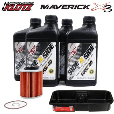 Klotz Oil Change Kit with Drain Pain KU-104-DP with 4 Quarts 10w40 SxS Engine Oil, HiFlo Filtro Oil Filter, O-ring, cometic Crush Washer, and Drain Pan