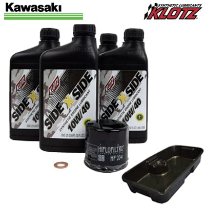 Klotz KU-109-DP Oil Change Kit with 4 Quarts Synthetic 10w40 SxS Engine Oil, HiFlo Filtro HF-204 Premium Oil filter, 1 copper cometic Crush washer, 1 Drain Pan 11 quart capacity
