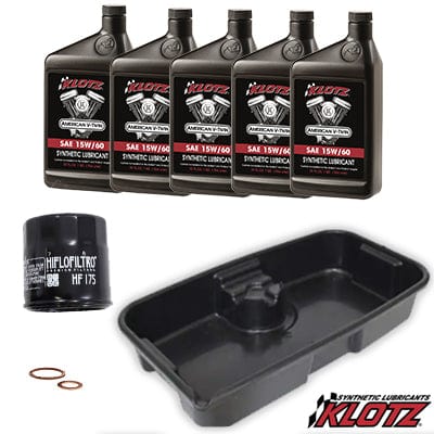 Indian Challenger and Pursuit Oil Change Kit with Drain Pan, HiFlo Filtro Oil Filter, Cometic crush washers, and Oil by Klotz
