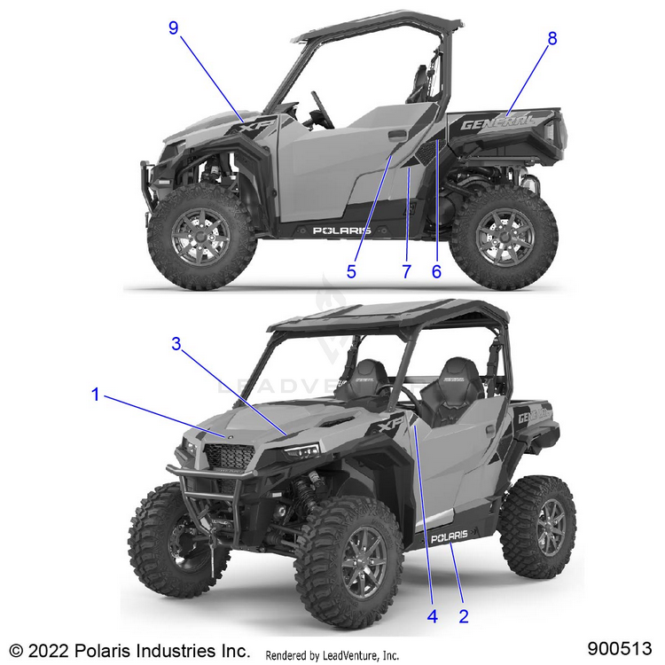 An Image of a Genuine Polaris Parts Schematic Diagram showing the schematic - BODY: DECALS - 2023 POLARIS GENERAL XP 1000 SPORT