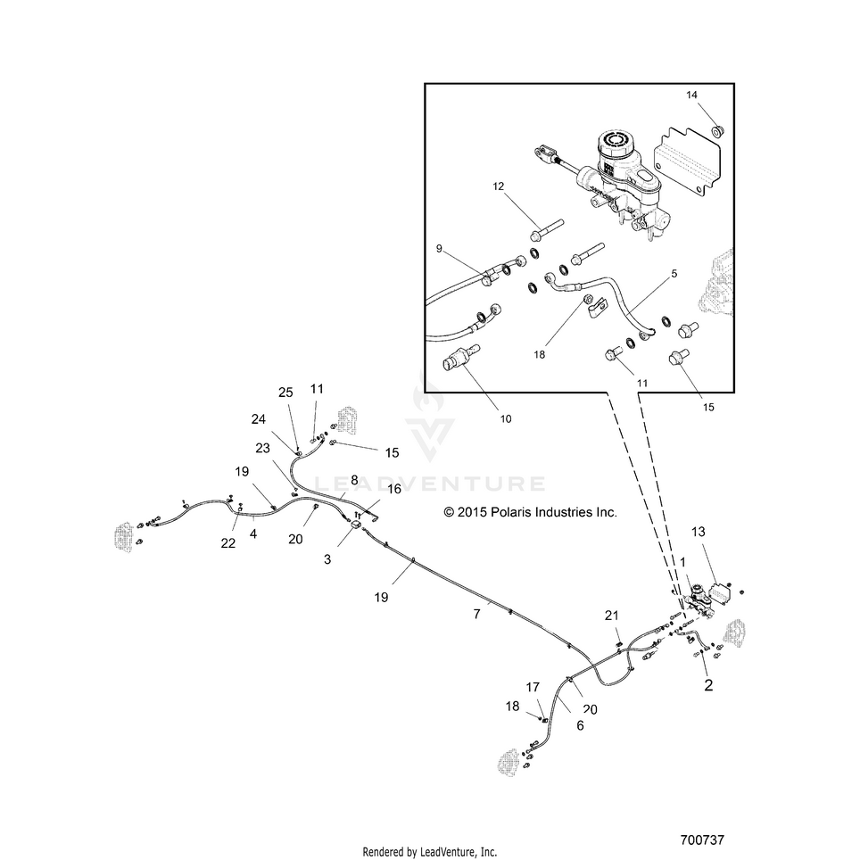 An Image of a Genuine Polaris Parts Schematic Diagram showing the schematic - BRAKES: LINES & MASTER CYLINDER - 2022 POLARIS RANGER CREW 570 FULL SIZE