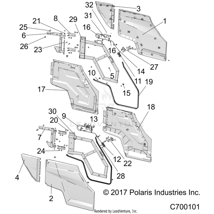 An Image of a Genuine Polaris Parts Schematic Diagram showing the schematic - BODY: DOORS REAR - 2020 POLARIS GENERAL XP 4 1000 RIDE COMMAND