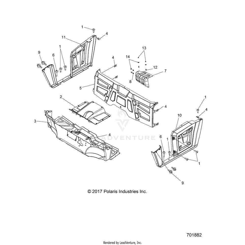 An Image of a Genuine Polaris Parts Schematic Diagram showing the schematic - BODY: FLOOR & FENDERS - 2020 POLARIS RANGER 570 FULL SIZE
