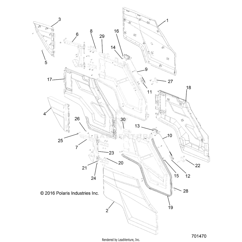 An Image of a Genuine Polaris Parts Schematic Diagram showing the schematic - BODY: DOORS REAR - 2017 POLARIS GENERAL 1000 4 EPS