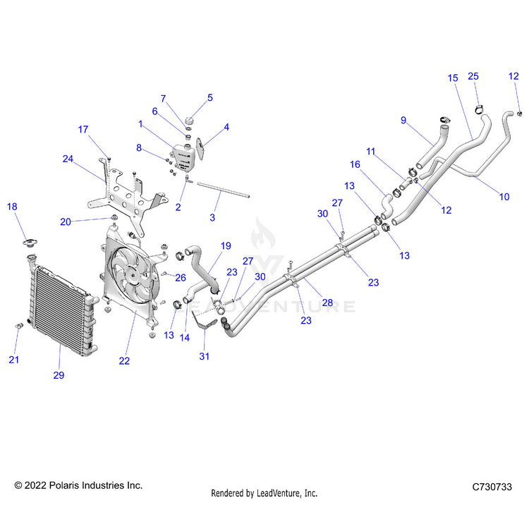 An Image of a Genuine Polaris Parts Schematic Diagram showing the schematic - ENGINE: COOLING SYSTEM - 2025 POLARIS RANGER 570 FULL SIZE