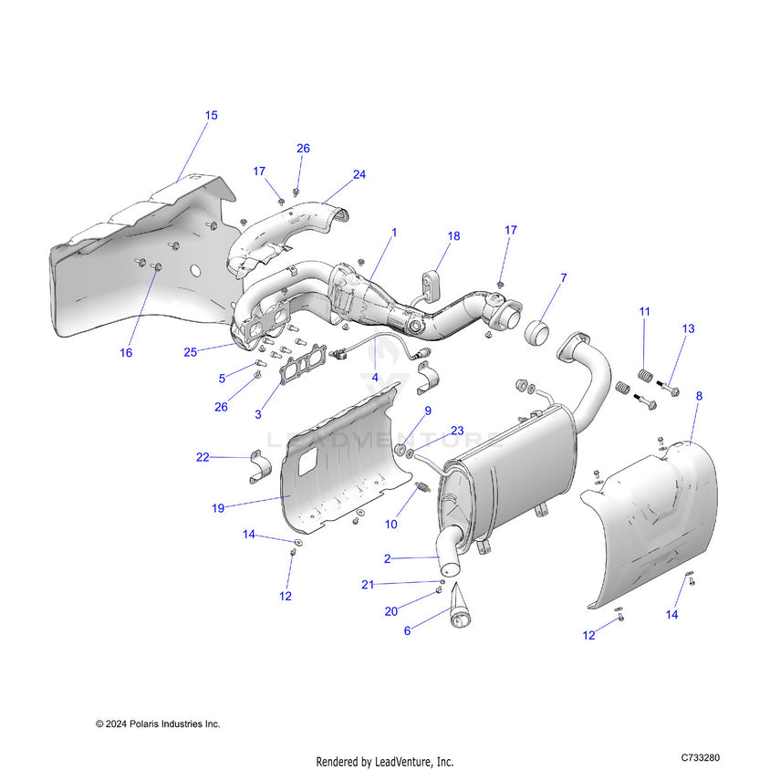An Image of a Genuine Polaris Parts Schematic Diagram showing the schematic - ENGINE: EXHAUST SYSTEM - 2025 POLARIS RANGER 1000 XP CREW WATERFOWL