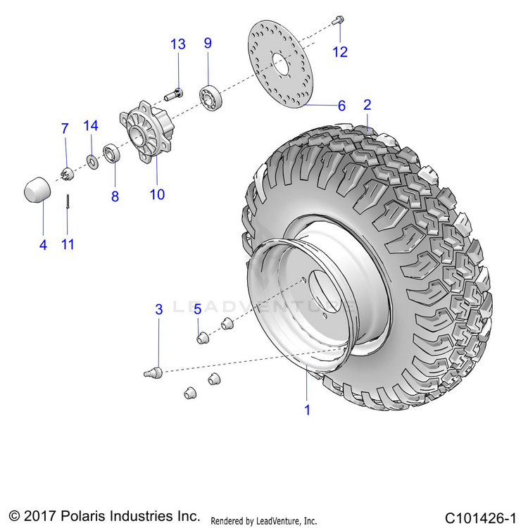 An Image of a Genuine Polaris Parts Schematic Diagram showing the schematic - WHEELS: FRONT TIRE & BRAKE DISK - 2018 POLARIS RANGER 150 EFI