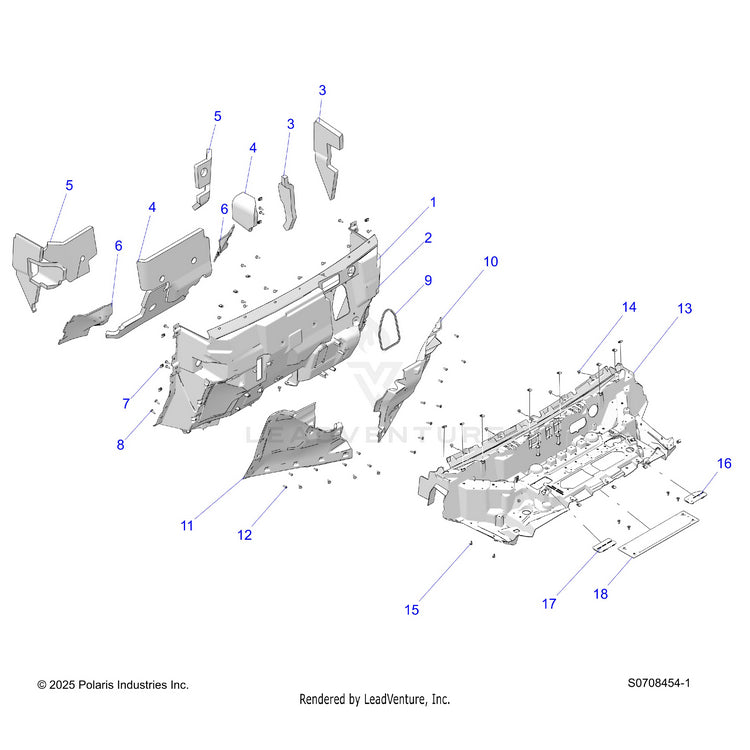 An Image of a Genuine Polaris Parts Schematic Diagram showing the schematic - BODY: HOOD LINER & FRONT CLOSEOFF - 2026 POLARIS RANGER XD 1500 NORTHSTAR CREW