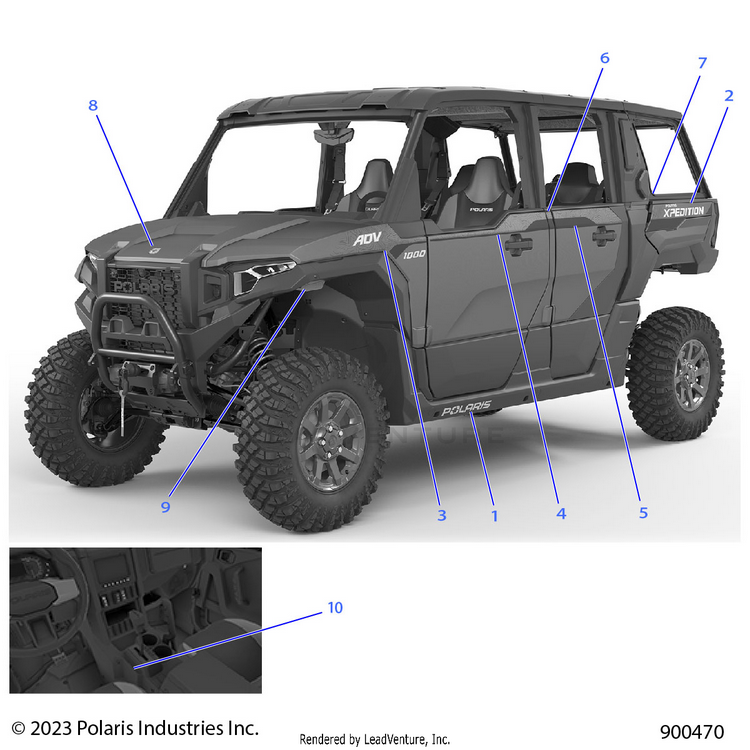 An Image of a Genuine Polaris Parts Schematic Diagram showing the schematic - BODY: DECALS GRAPHICS - 2024 POLARIS XPEDITION ADV 5 ULTIMATE