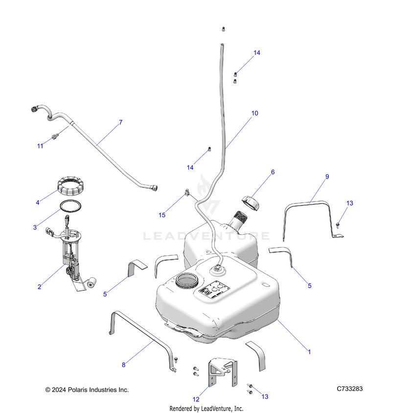 An Image of a Genuine Polaris Parts Schematic Diagram showing the schematic - FUEL: SYSTEM FUEL TANK - 2025 POLARIS RANGER 1000 XP CREW WATERFOWL