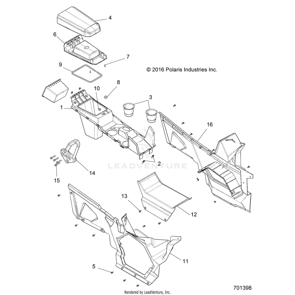 An Image of a Genuine Polaris Parts Schematic Diagram showing the schematic - BODY: CENTER CONSOLE FRONT - 2021 POLARIS GENERAL XP 4 1000 HUNTER