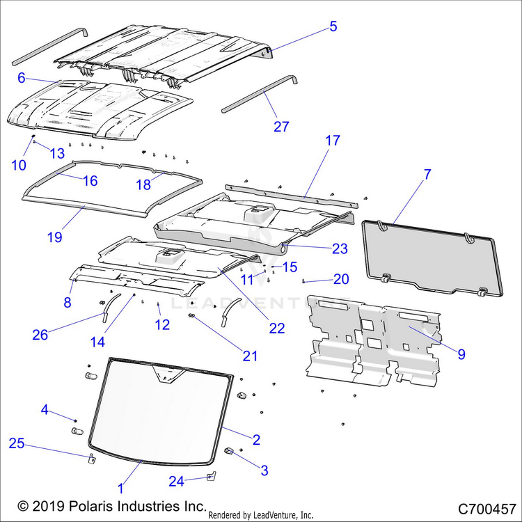 An Image of a Genuine Polaris Parts Schematic Diagram showing the schematic - BODY: ROOF & CAB - 2019 POLARIS RANGER CREW XP 1000 NORTHSTAR RIDE COMMAND