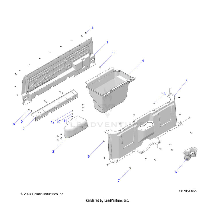 An Image of a Genuine Polaris Parts Schematic Diagram showing the schematic - BODY: FLOOR CLOSEOFFS & BIN - 2022 POLARIS RANGER 570 RIDE COMMAND