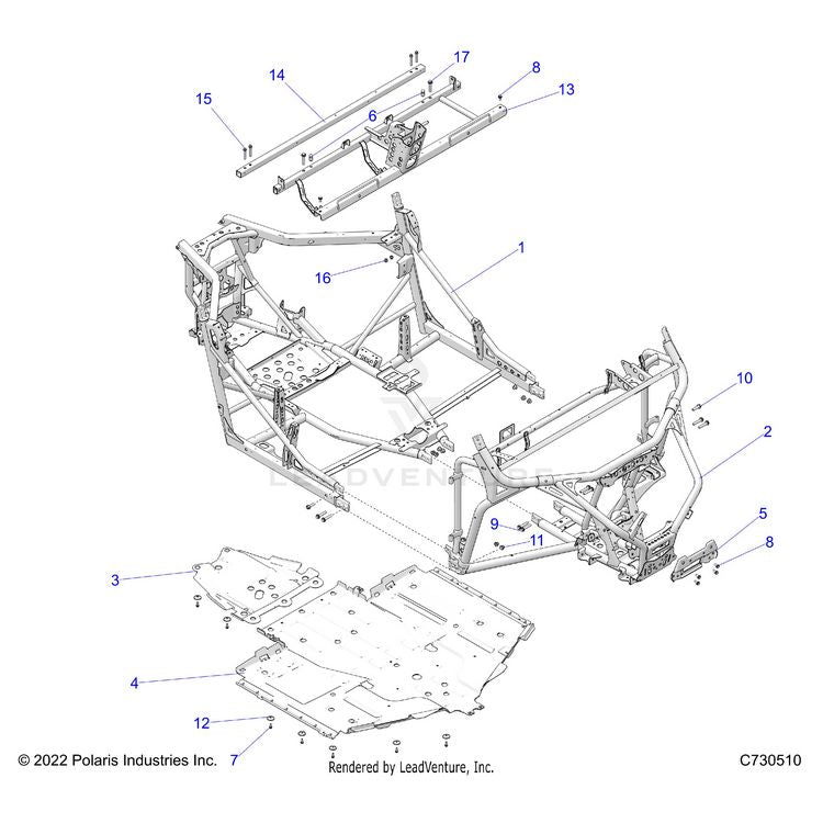 An Image of a Genuine Polaris Parts Schematic Diagram showing the schematic - CHASSIS: MAIN FRAME AND SKID PLATES - 2025 POLARIS GENERAL 1000 SPORT
