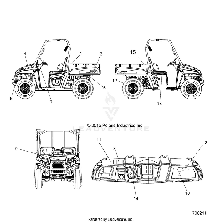 An Image of a Genuine Polaris Parts Schematic Diagram showing the schematic - BODY: DECALS - 2016 POLARIS RANGER EV
