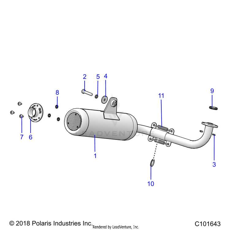 An Image of a Genuine Polaris Parts Schematic Diagram showing the schematic - ENGINE: EXHAUST SYSTEM - 2025 POLARIS RANGER 150 EFI MD