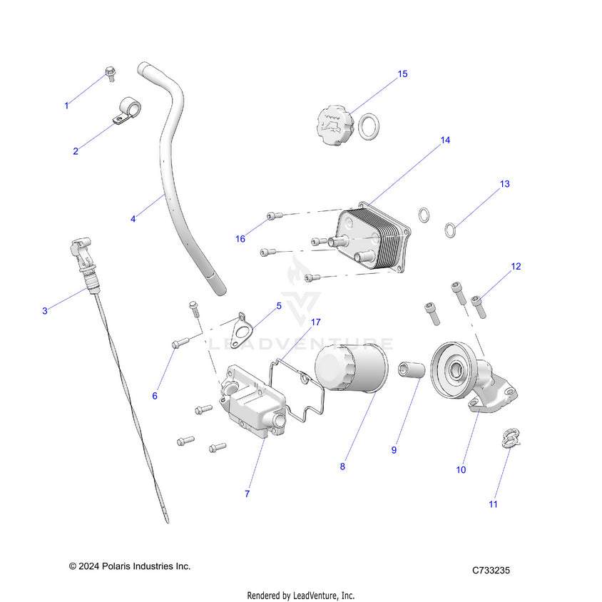 An Image of a Genuine Polaris Parts Schematic Diagram showing the schematic - ENGINE: DIPSTICK & OIL FILTER - 2025 POLARIS RANGER 1000 XP CREW NORTHSTAR ULTIMATE TRAIL BOSS