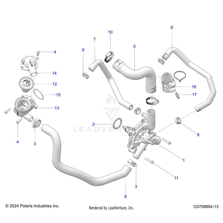 An Image of a Genuine Polaris Parts Schematic Diagram showing the schematic - ENGINE: WATERPUMP AND BYPASS - 2026 POLARIS XPEDITION ADV 5 NORTHSTAR