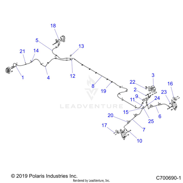 An Image of a Genuine Polaris Parts Schematic Diagram showing the schematic - BRAKES: BRAKE LINES & MASTER CYLINDER - 2020 POLARIS RANGER CREW 1000 EPS FULL SIZE