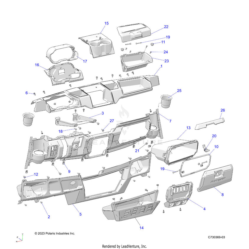An Image of a Genuine Polaris Parts Schematic Diagram showing the schematic - BODY: DASH - 2023 POLARIS RANGER EV FULL SIZE PREMIUM