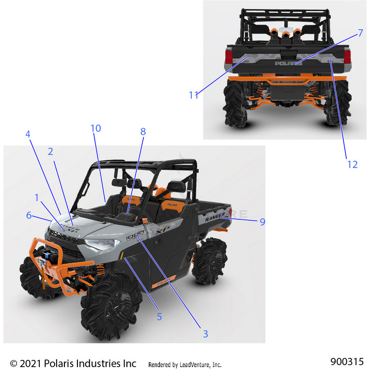 An Image of a Genuine Polaris Parts Schematic Diagram showing the schematic - BODY: DECALS GRAPHICS - 2022 POLARIS RANGER XP 1000 WATERFOWL EVAP