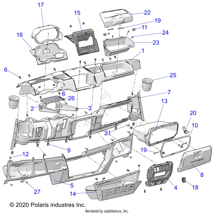 An Image of a Genuine Polaris Parts Schematic Diagram showing the schematic - BODY: DASH - 2020 POLARIS RANGER CREW XP 1000 RIDE COMMAND