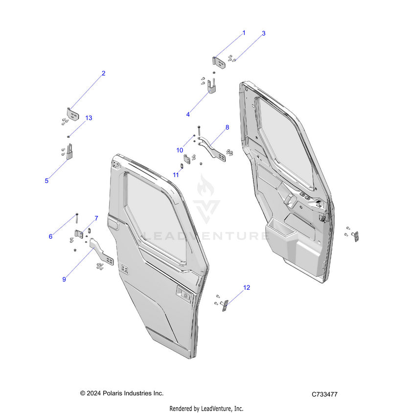 An Image of a Genuine Polaris Parts Schematic Diagram showing the schematic - BODY: DOOR FRONT MOUNTING - 2023 POLARIS RANGER CREW XP 1000 NORTHSTAR ULTIMATE TRAIL BOSS