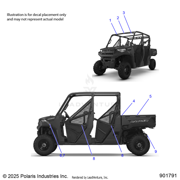 An Image of a Genuine Polaris Parts Schematic Diagram showing the schematic - BODY: DECALS GENERAL - 2026 POLARIS RANGER 1000 CREW