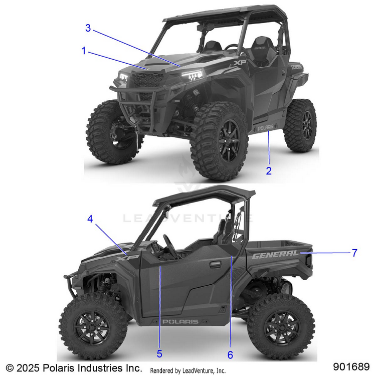 An Image of a Genuine Polaris Parts Schematic Diagram showing the schematic - BODY: DECALS - 2026 POLARIS GENERAL XP 1000 PREMIUM