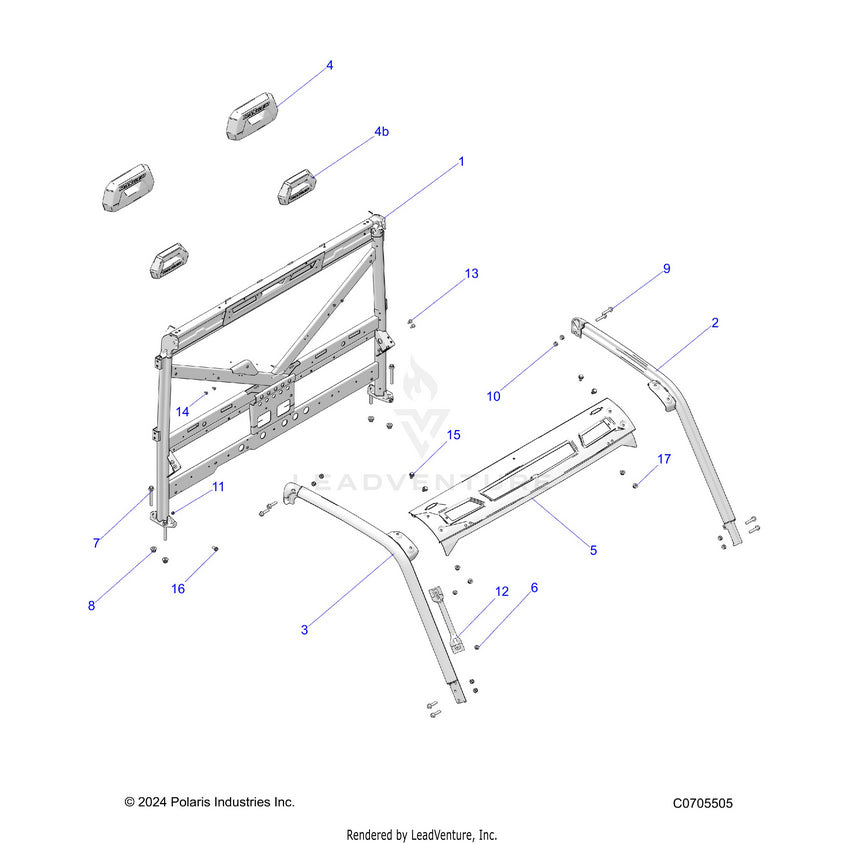 An Image of a Genuine Polaris Parts Schematic Diagram showing the schematic - CHASSIS: CAB FRAME - 2022 POLARIS RANGER XP 1000 NORTHSTAR ULTIMATE TRAIL BOSS