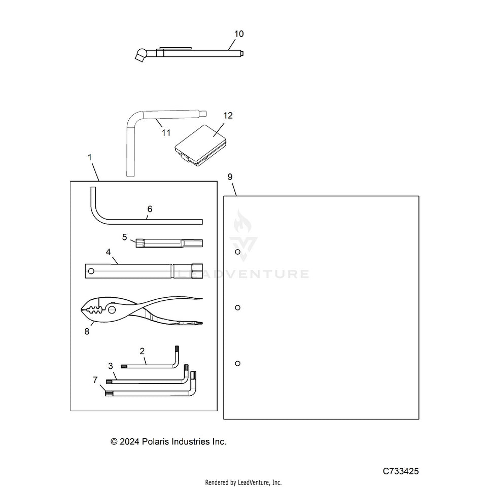 An Image of a Genuine Polaris Parts Schematic Diagram showing the schematic - REFERENCE: OWNERS MANUAL & TOOL KIT - 2025 POLARIS RANGER 1000 XP CREW WATERFOWL
