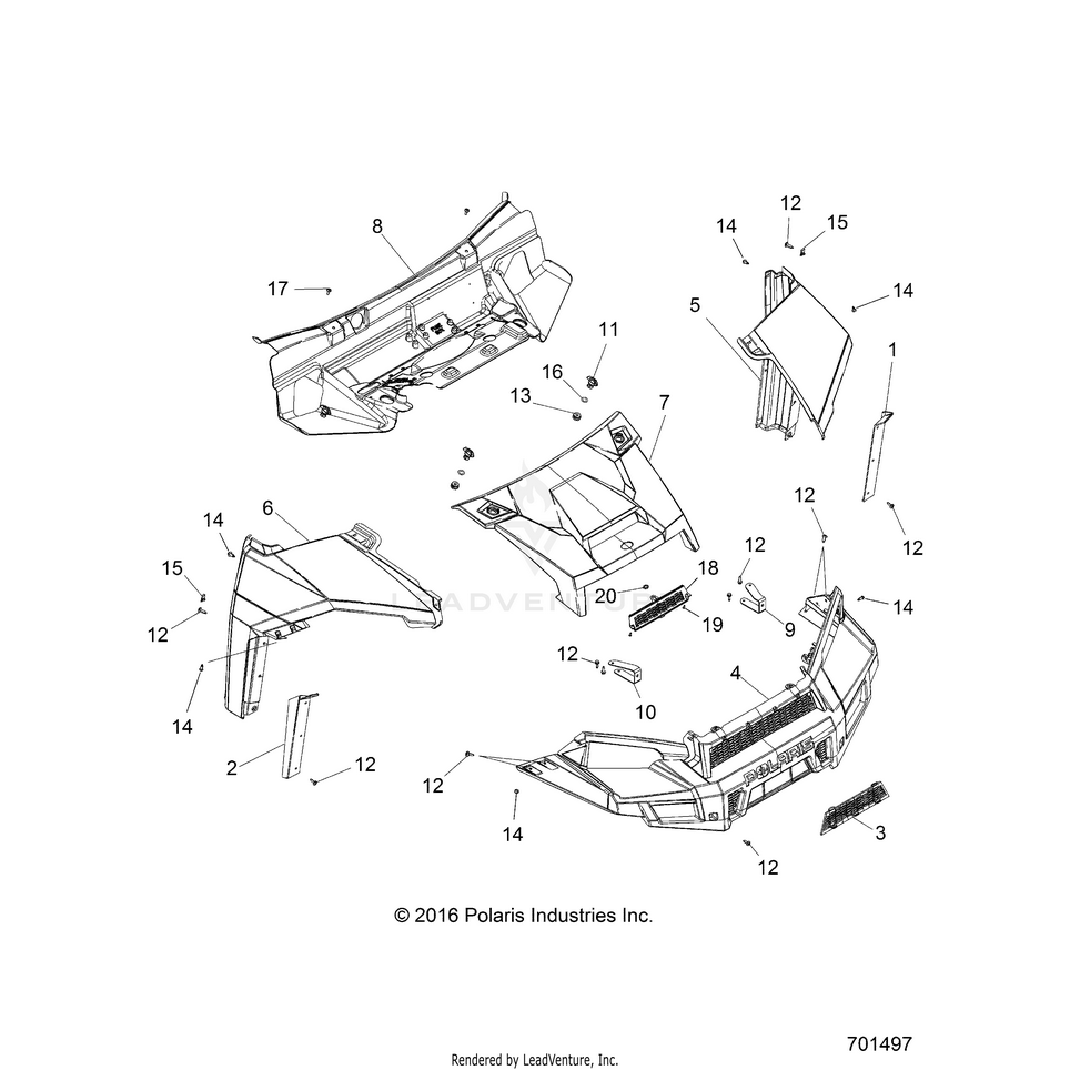 An Image of a Genuine Polaris Parts Schematic Diagram showing the schematic - BODY: HOOD & FRONT FACSIA - 2017 POLARIS RANGER CREW 900 6P SP