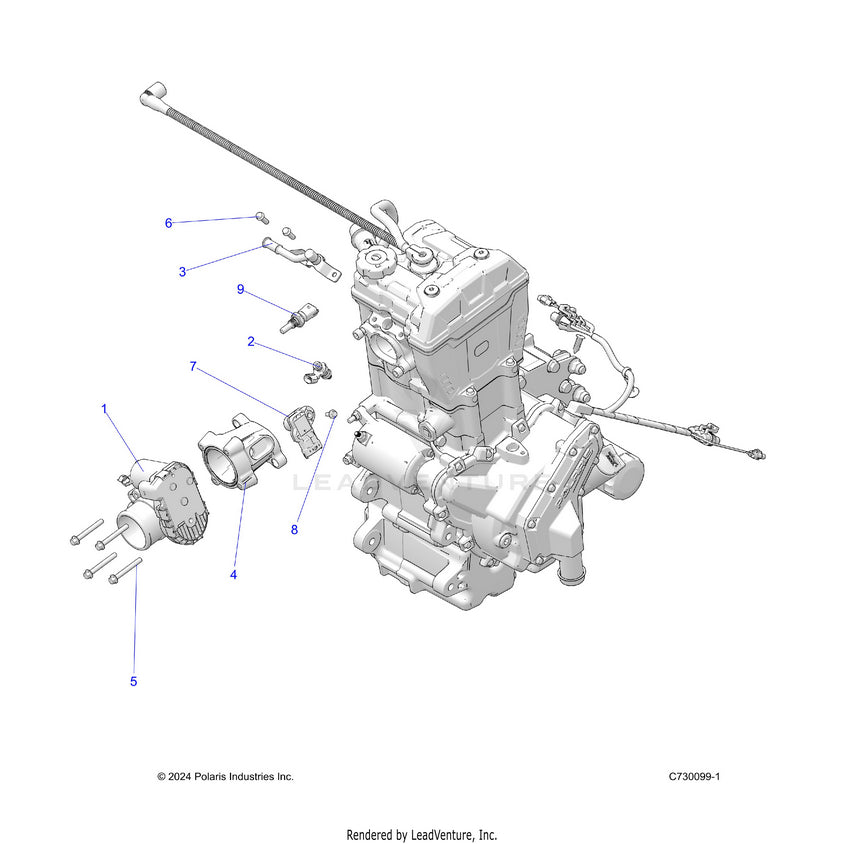 An Image of a Genuine Polaris Parts Schematic Diagram showing the schematic - ENGINE: THROTTLE BODY & FUEL RAIL - 2025 POLARIS RANGER 570
