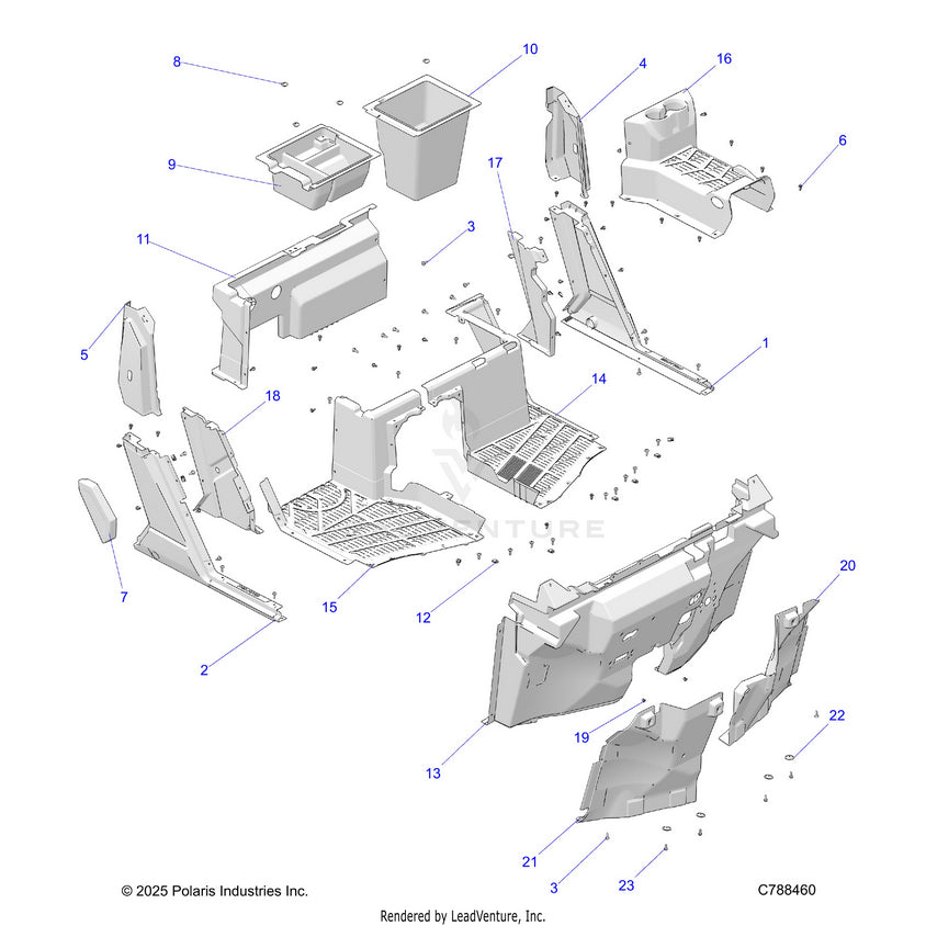 An Image of a Genuine Polaris Parts Schematic Diagram showing the schematic - BODY: FRONT FLOOR & ROCKERS - 2026 POLARIS RANGER 1000 XP CREW TEXAS EDITION